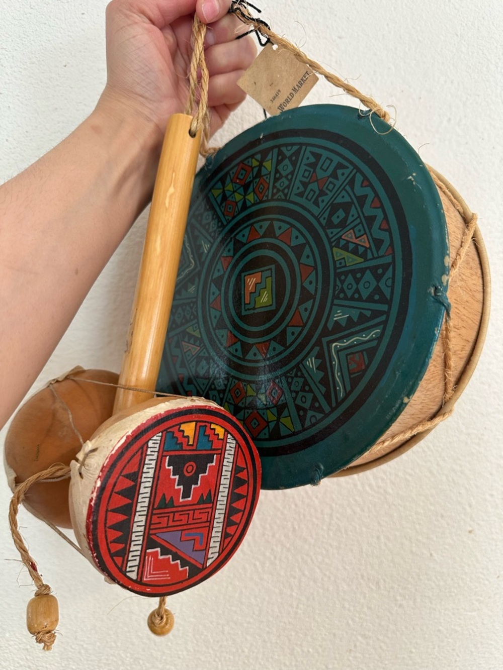 Handpainted Native Peruvian Drum and spinning drum vintage, antique, collectible